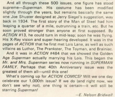 The end of E. Nelson Bridwell’s editorial letter in Action Comics #500.